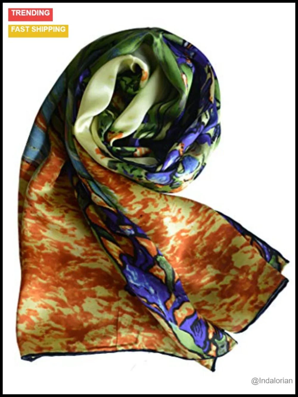 100% Mulberry Silk Fashion Scarf Shawl Wrap, Van Gogh Art Print, Hand-Hemmed,